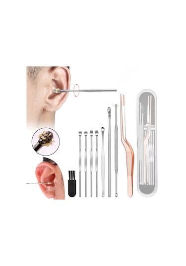 Profesyonel Paslanmaz Çelik Kaşık Kulak Temizleyici Set 9 Adet