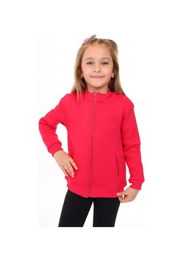 Toontoy Kız Çocuk Dik Yaka Fermuarlı Yarım Düşük Omuz Örme Hırka - 2 İplik Şardonlu Koyu Fuşya