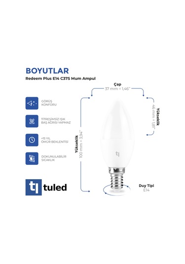 Redeem Plus C37s E14 Mum Ampul, Titreşimsiz, Göz Konforu, 621 Lümen, Beyazı, 5000 Kelvin
