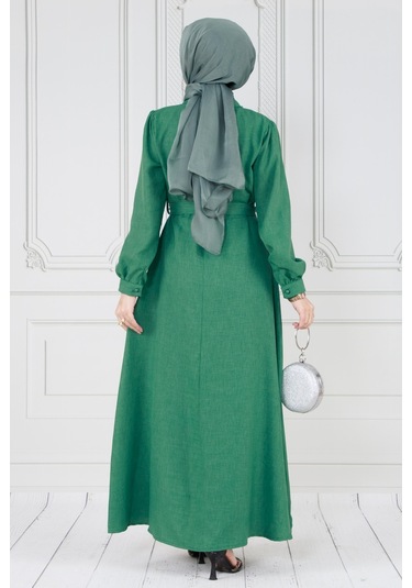İnci Detaylı Kuşaklı Tesettür Elbise-yeşil-3587-kiremit Kiremit
