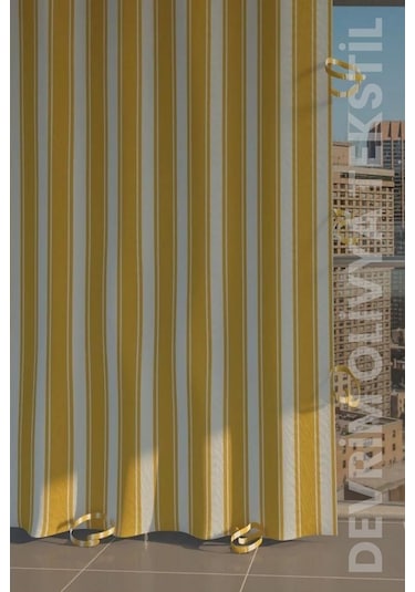 Devrim Olivya Tekstil Sari-beyaz Çizgili Özel Dikim Lüks Halkalı Branda Balkon Perdesi Sarı - Beyaz