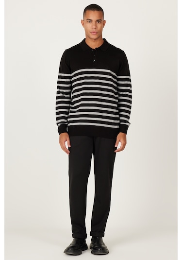 AC&Co / Altınyıldız Classics Erkek Sıyah-antrasıt Standart Fit Normal Kesim Polo Yaka Çizgili Triko Kazak Siyah - Antrasit