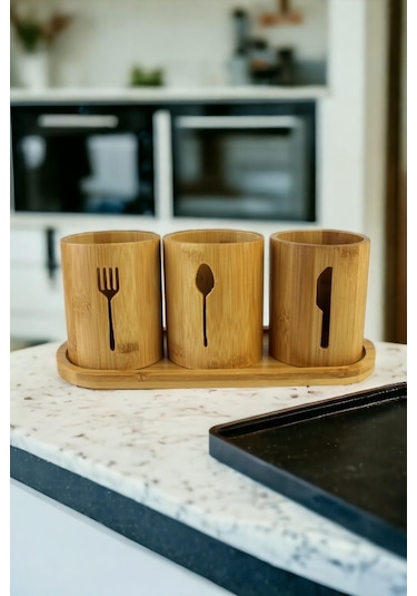 Bambu Stant Kaşıklık Kepçe 3 Bölmeli