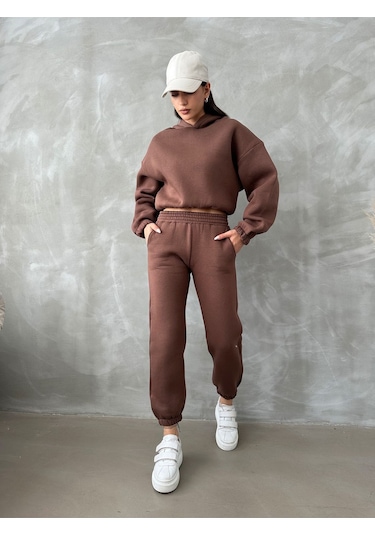 Kadın Pamuklu İçi Polarlı Basic Eşofman Takımı Kahverengi