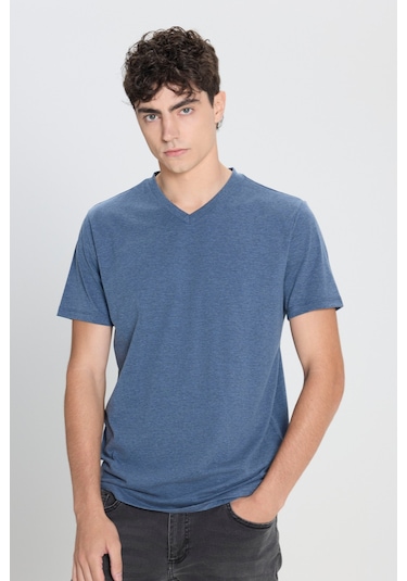 Ac&Co / Altınyıldız Classics Slim Fit Dar Kesim V Yaka Pamuklu Erkek Tişört ıIndıgo Melanj İndigo