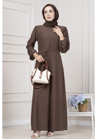 Beli Tünelli Fitilli Aslı Elbise-kahverengi-5466 Kahverengi