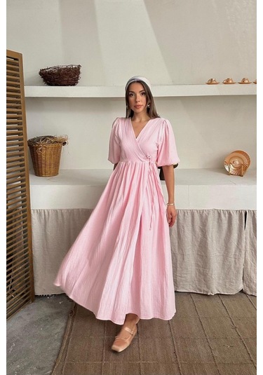 Hazego Pembe Müslin Uzun Elbise Pembe