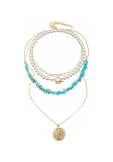 Boho Renkli Kırık Doğal Taş Kolye, Model: N2105-20 Mavi-yeşil Taşlar Çok Renkli