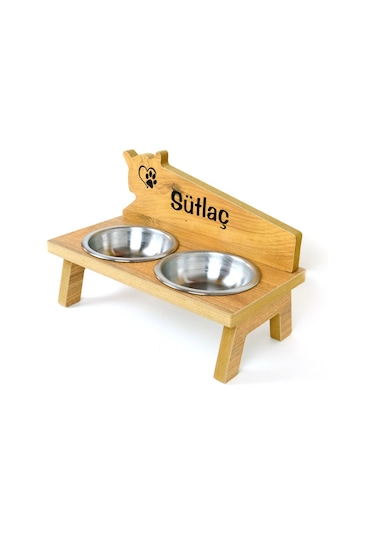 Realwood Özel İsimli Ahşap Kedi Köpek Mama Su Kabı Stantı 800 ML