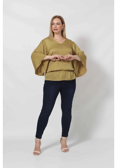Moda Berray 3183yy Yağ Yeşili Beli Lastikli Bol Kol Bluz Yağ Yeşili