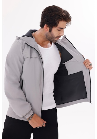 Erkek Kapüşonlu Nova Kumaş Hafif Ve Dayanıklı Şık Mevsimlik Su Ve Rüzgar Geçirmez Yağmurluk Açık Gri