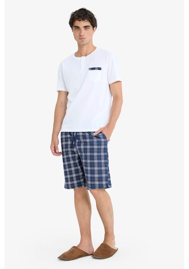 Defacto Regular Fit Pijama Takımı Kısa Kollu Üst Kareli Şort E7158ax25hswt34 Beyaz