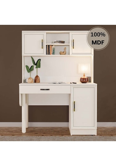 Kardelen Mdf Kitaplıklı Dolaplı Çalışma Masası Krem