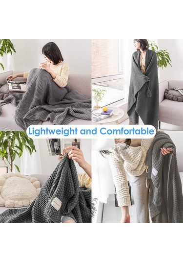 Kalın Örme Battaniye, Süper Yumuşak, Rahat, Tüylü, Sıcak, Dekoratif Püsküllü Açık Gri Battaniye Diğer