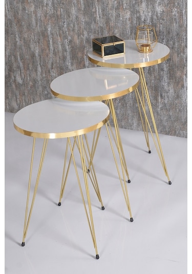 Zigon Sehpa Ve Orta Sehpa Elips Set Gold Beyaz Tel Ayak