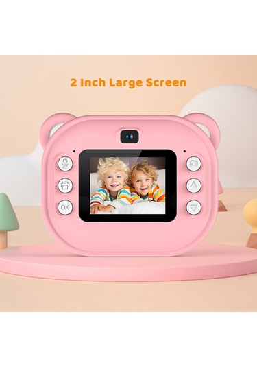 Kangvka Y600 Çocuklar İçin Anında Baskı Yapan 1080p Çift Kameralı Pembe Fotoğraf Makinesi