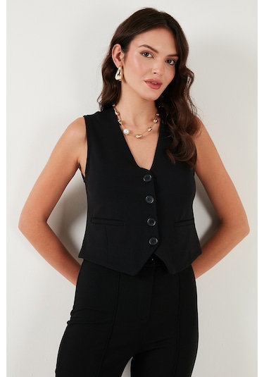 Lela Streç Fitted Fit V Yaka Düğmeli Bayan Yelek 5865971 Siyah