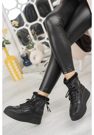 Khayt Violetta Su Geçirmez Kürklü Fermuarlı Kadın Kar Bott Siyah