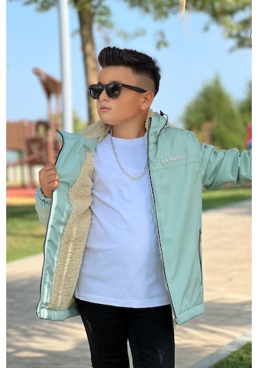 Erkek Çocuk Sabit Kapüşonlu Metal Armalı İçi Kürklü Mont Km3987 Mint