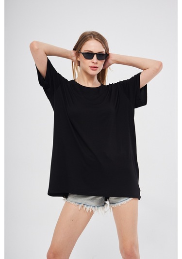 Siyah Baskısız Düz Bisiklet Yaka Kadın Oversize T-shirt SIYAH