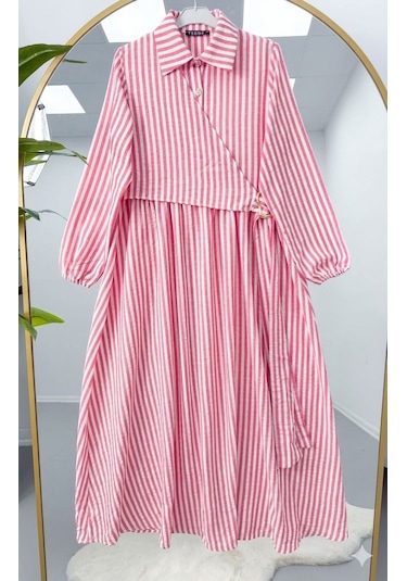 Lovie Moda Gold Toka Detaylı Çizgili Elbise Pembe