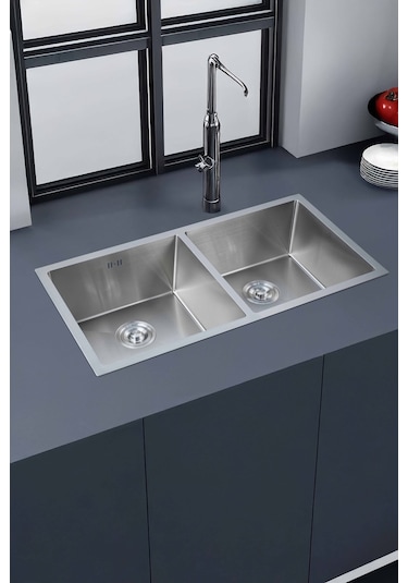 Ebrar Serisi %100 Krom 82x45 İki Göz Paslanmaz Mutfak Eviyesi, Mutfak Lavabosu Sifon Dahil Silver