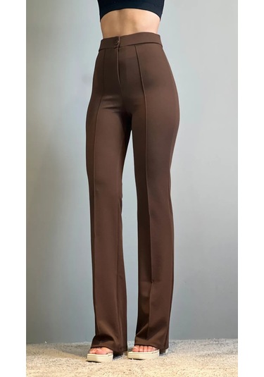 Krep Kumaş Likralı Önü Çimalı Kahverengi Kadın Palazzo Pantolon Kahverengi