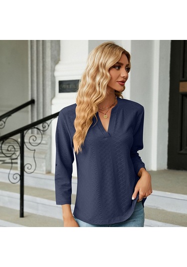 Sones Düz Renk Jakarlı V Yaka Düğmeli Üç Çeyrek Kol Bol Tişört Üst Lacivert