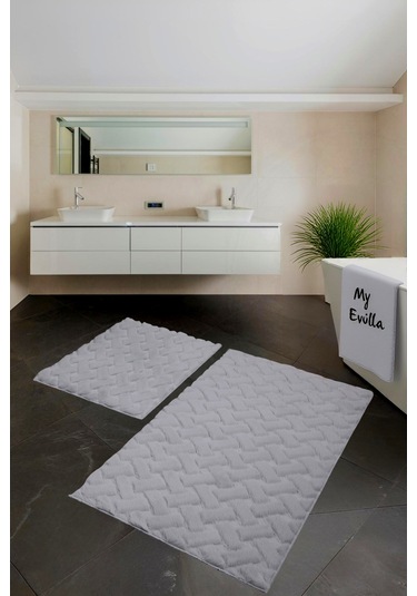 Desenli Tavşan Tüyü Yumuşak 2 Li Banyo Paspası Kaymaz Tabanlı Klozet Takımı Gri Gri