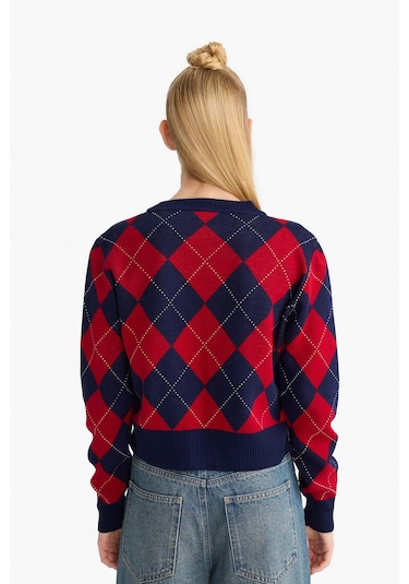 Defacto Coool Fitted V Yaka Baklava Desenli Düğmeli Hırka F9566ax25wnnv241 Lacivert