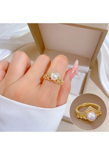 Geometrik Elmas Taşlı Yuvarlak İnci Yüzük No.48 Çok Renkli