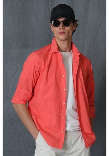 Lufian Makro Erkek Smart Gömlek Comfort Slim Fit Mercan