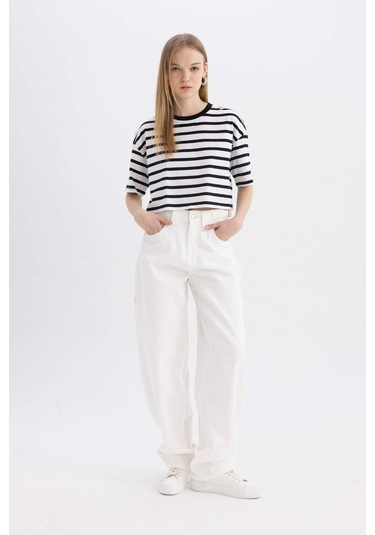 Defacto Coool Fitted Çizgili Kısa Kollu Tişört A9046AX24SMBK81 Siyah