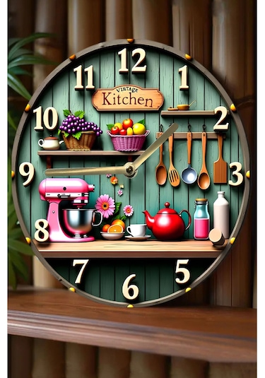 Vintage Kitchen Temalı Mdf Duvar Saati 33 Cm 3d Görünümlü Uv Baskılı Sdw350 Renkli