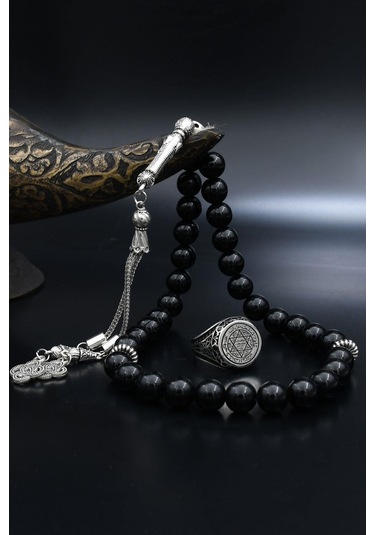 Doğal Oniks Taşlı Tesbih Ve 925 Ayar Gümüş Yüzük Hz. Süleyman Mührü Mikro Taş Süslemeli 901942 Gümüş