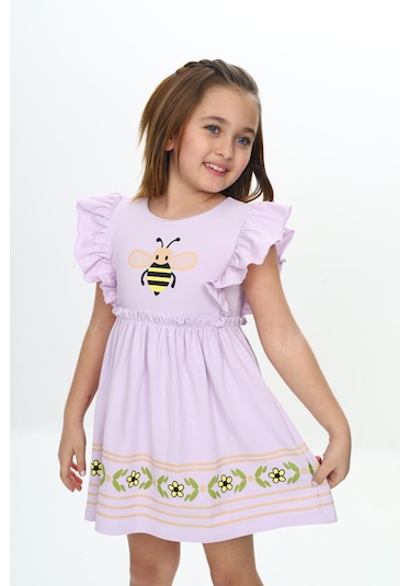 Toontoy Kids Toontoy Kız Çocuk Arı Baskılı Elbise Açık Lila