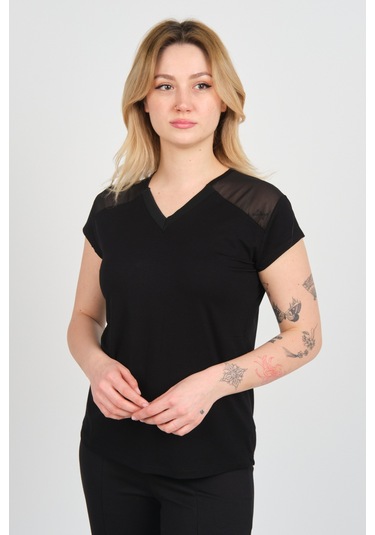 Sistas Kadın V Yaka Omuz Ve Sırt Tül Detaylı Kısa Kol Bluz 4148 Siyah Siyah
