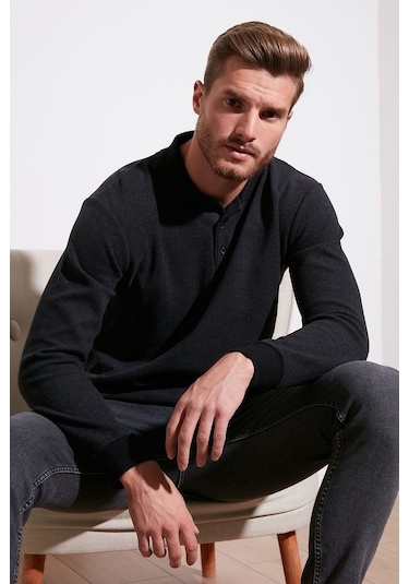 Buratti Pamuklu Regular Fit Düğmeli Polo Yaka Erkek Kazak 456211 Antrasit