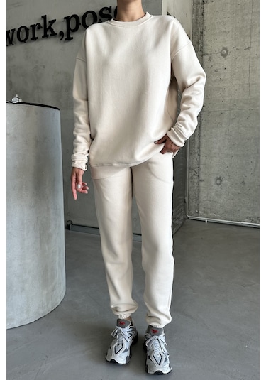 Modagen Unisex Bej Bisiklet Yaka Düz Oversize Alt-üst Eşofman Takımı Bej