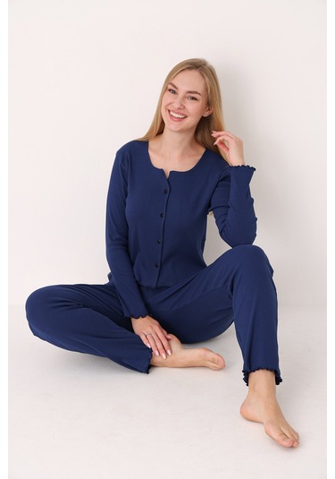 Nbb Kadın Lacivert Önden Düğmeli Pijama Takımı Lacivert