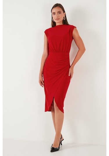 Lela Drape Ve Yırtmaç Detaylı Sıfır Yaka Kolsuz Midi Boy Bayan Elbise 611El694 Kırmızı