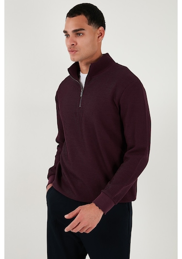 Buratti Pamuklu Regular Fit Yarım Fermuarlı Dik Yaka Erkek Sweat 5905716 Vişne