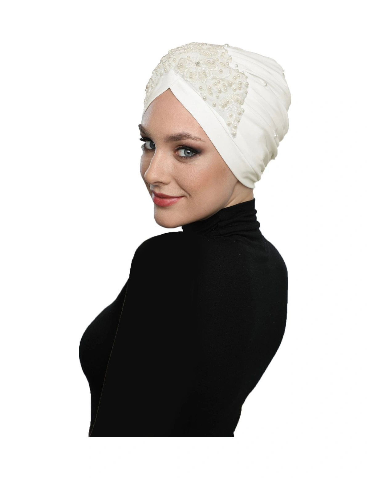 Kopma Astarlı İşlemeli Krem Çiçek Dantel Motifli Hazır Türban Tesettür Abiye Bone Krem-çiçek