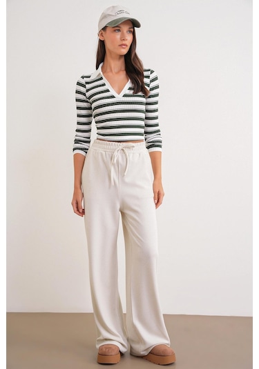 4757 Kadın Lastikli Bol Paça Örme Dökümlü Selanik Pantalon Taş Taş