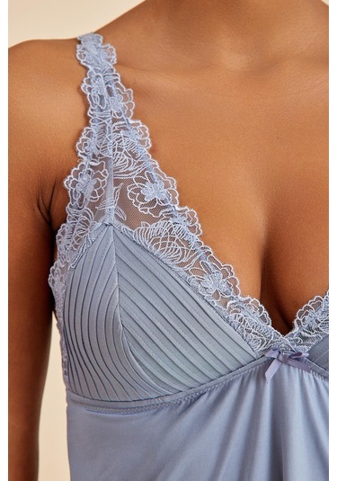 Paris Gri Mavi Dantelli Kumaş Gecelik Mavi