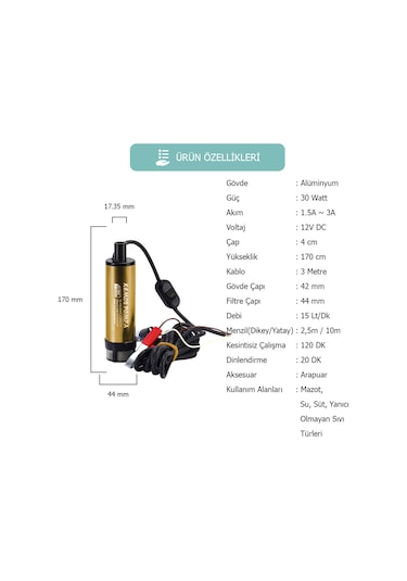 Kızılırmak 12 Volt Alüminyum Dalgıç Tipi Sıvı Aktarma Pompası Filtreli (Arapuarlı)