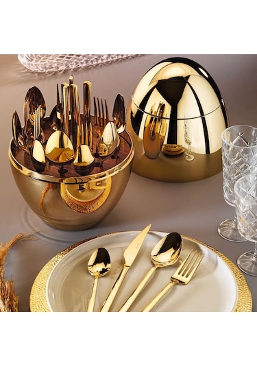 Fecra Golden Egg Standlı 24 Parça Çatal Kaşık Bıçak Takımı Gümüş