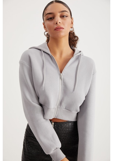 Delıa Kadın Crop 3 Iplik Şardonlu Örme Relaxed Fit Fermuarlı Kapüşonlu Gri Sweatshirt