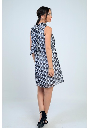 Kadın Degaje Yaka Astarlı Desenli Kısa Şifon Elbise-41786 Siyah