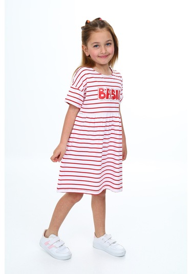Toontoy Kız Çocuk Çizgili Elbise Kırmızı